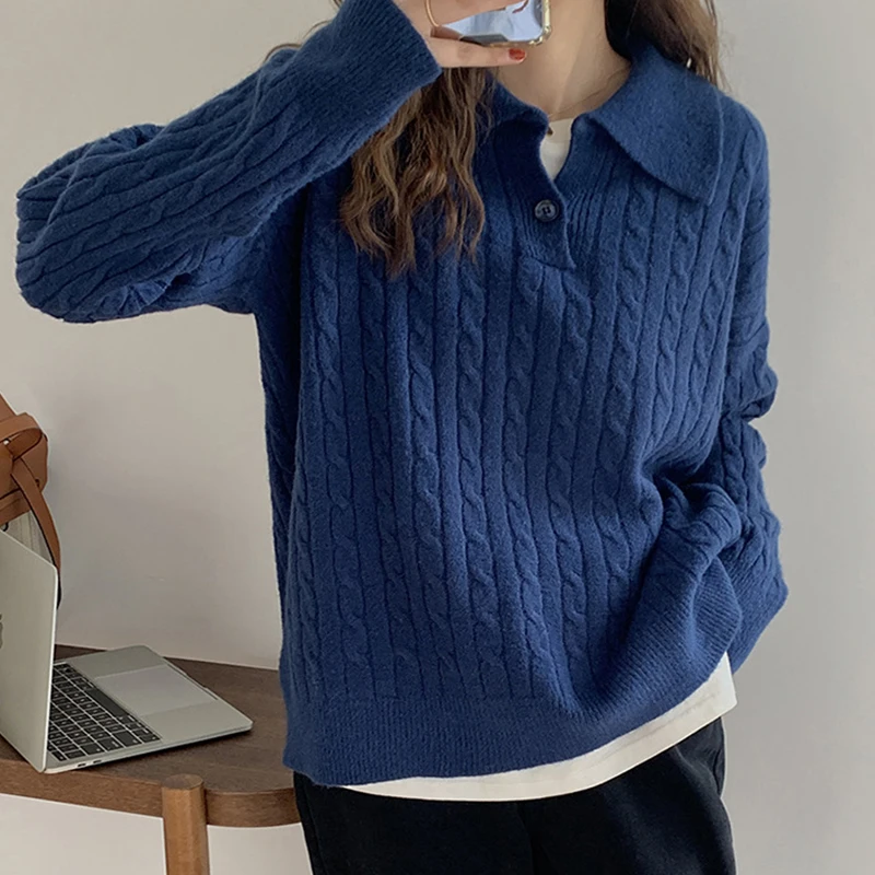 

Autumn Twist Knitted Women Sweater Korean Style Lapel Long-Sleeved Pullover Woman Fashion Loose Simple Solid Ladies Tops Clothes