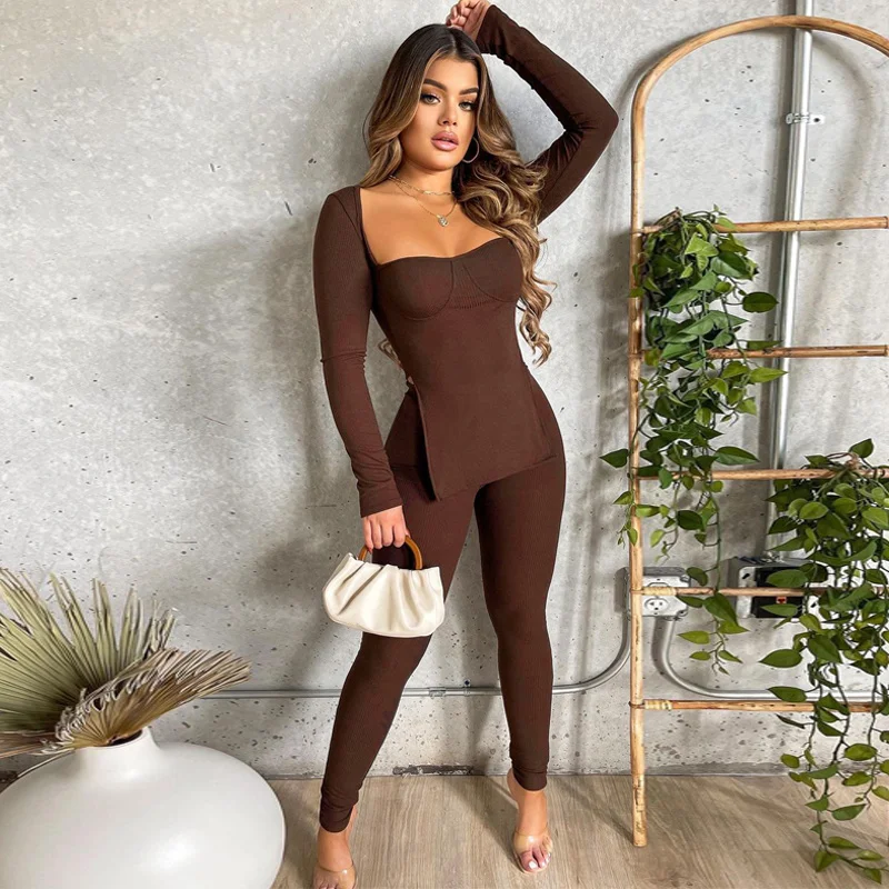 

Zoctuo Solid Ribbed 2 Piece Sets Long Sleeve Slit Tops Leggings Set Tracksuit Women Sportswe Activewear Outfits Pant Suits