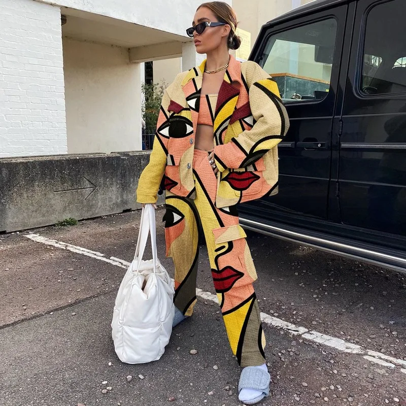

Eye Face Printing Single Breasted 3 Piece Set Women Suits Collar Pocket Loose Coat Tops Trousers Outfits Streetwear Autumn New
