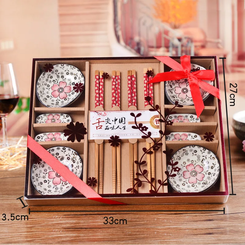 

Japanese Style Cherry Blossom Ceramic Sushi Dishes Sashimi Soysauce Dish Dinnerware Set Tableware Set Gift Box (12Pcs/Set)