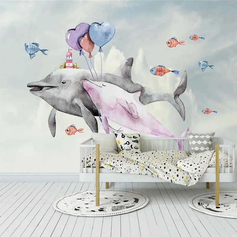 

Custom Any Size Self-Adhesive 3D Cute Balloon Dolphin Nordic Hand-Painted Children's Room Background Wall Papel De Parede Tapety
