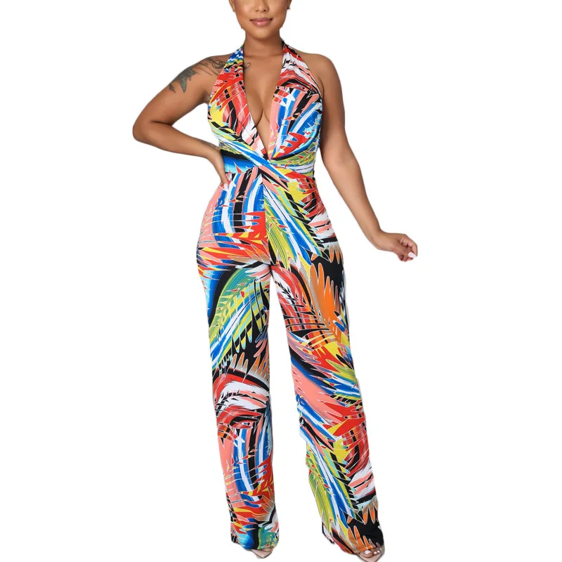 

Sleeveless Halter Deep V Neck Women Romper Sexy Backless Night Club Fashion Jumpsuit Slim Leaf Printed One-piece Outfit Summer