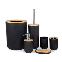 6pcs bamboo wood bathroom set toothbrush holder soap dish trash can toilet brush container