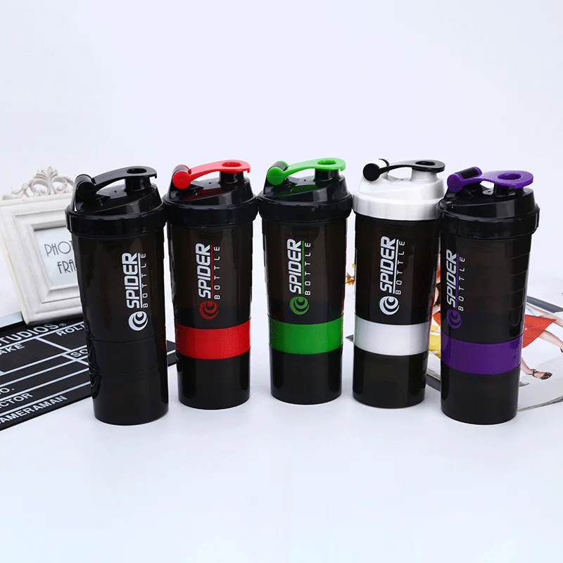 

500ML Shaker Bottle BPA Free Easy Grip-Leak Cap Stainless Steel Ice Protein Shaker Ball 2 Twist-on Powder Storage Cups on Bottom