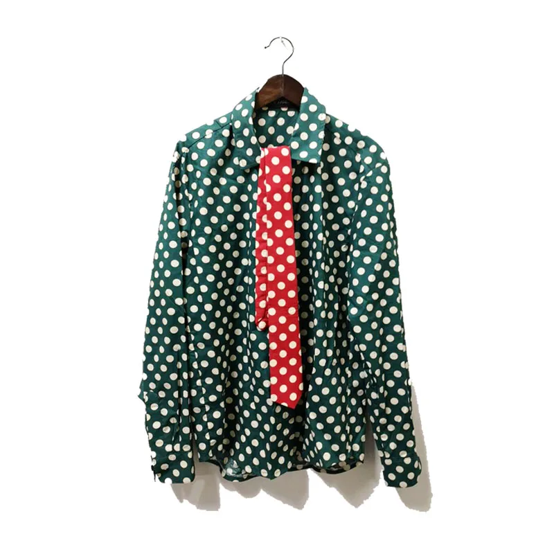 

Male Business Casual Party Dress Shirts Singer Dancer Stage Show Costumes Men Long Sleeve Tie Collar Polka Dot Slim Fit Shirt