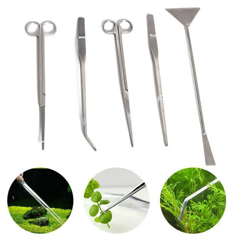

5in1 Aquarium Tools Kit Aquarium Tools Plant Tweezers Scissors Set Hand Tools Stainless Steel For waterworks Aquarium Cleaning