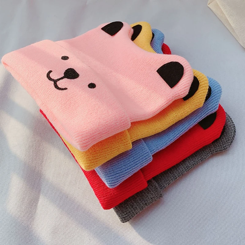

Winter Newborn Cute Warm Kids Girls Boys Baby Knitted Wool Hemming Caps Cartoon Ear Design Hats Winter Hat 1-3T