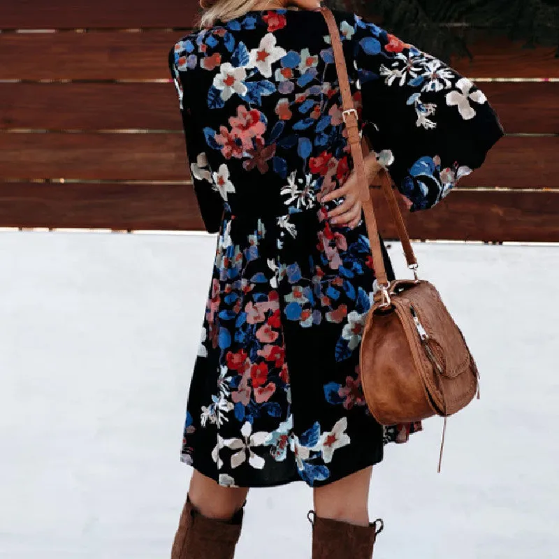 

New Arrival Vintage Print Women Mini Dress Summer 2020 Casual V-neck Three Quarter Sleeves Dress