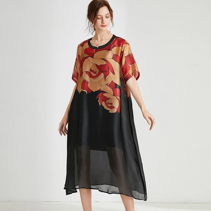 

Plus size women's summer 2020 new fat mm loose cover belly slim satin chiffon printed dress 7711