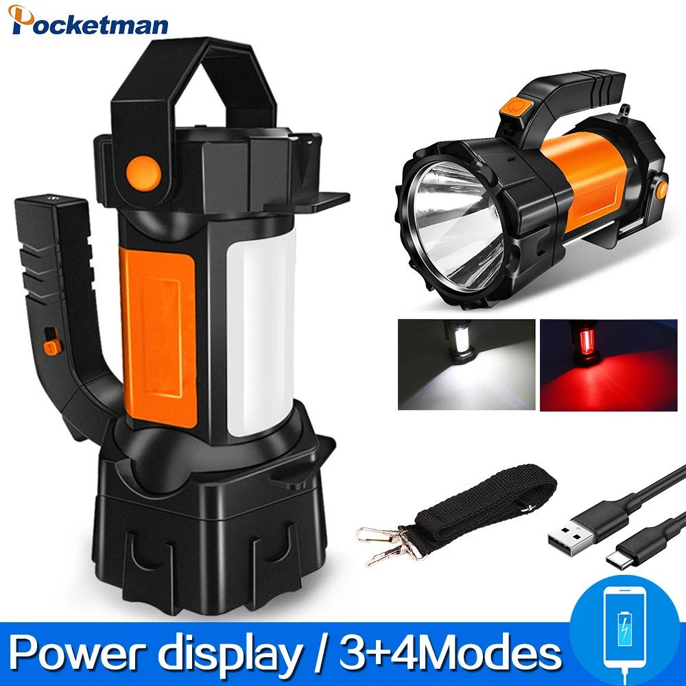 

300W Portable LED Searchlight USB Rechargeable Work Lights With Warning Red Light Handle Adjustment Flashlight Built-in Battery