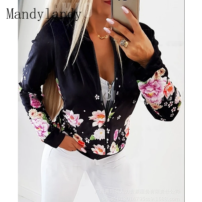 

Mandylandy Coat Autumn Fashion Long Sleeve Zipper V-neck Cardigan Jacket Women's Casual Floral Print Slim Coat