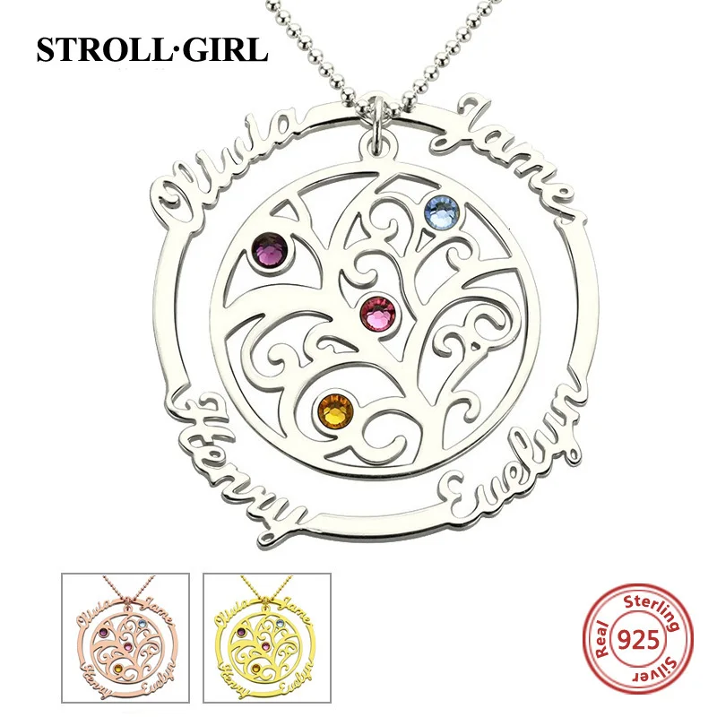 StrollGirl подлинное 925 пробы Серебряное ожерелье с камнем рождения семейное дерево с именами для мам персонализированные серебряные ювелирные изделия