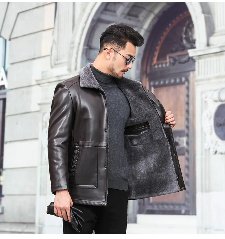 

257 Winter Fur Integrated Leather Coat Men's Middle-Aged and Elderly Men's Leather Fleece Padded Leather Jacket