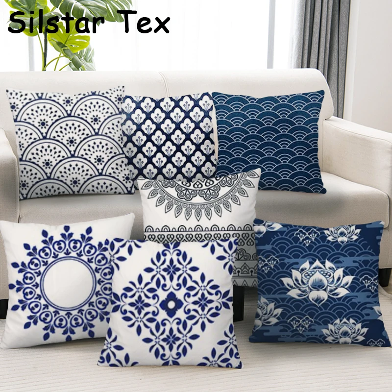 Сине белая искусственная наволочка Silstar Tex в стиле ретро Осенний домашний диван
