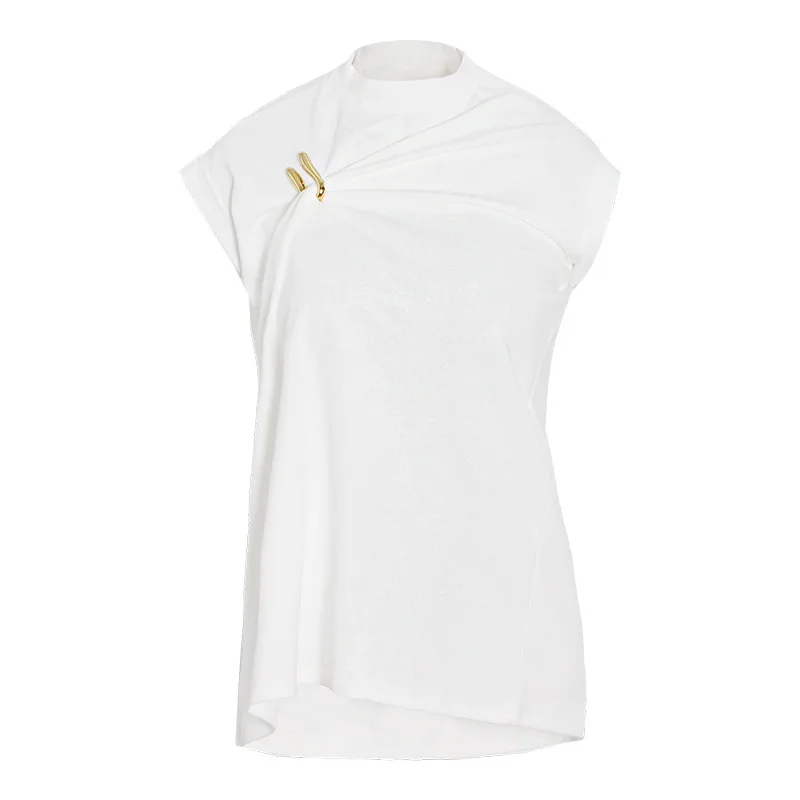 

Spring and summer 2021 new loose solid round neck vest sleeveless U-shaped Brooch pleated casual T-shirt women's fashion