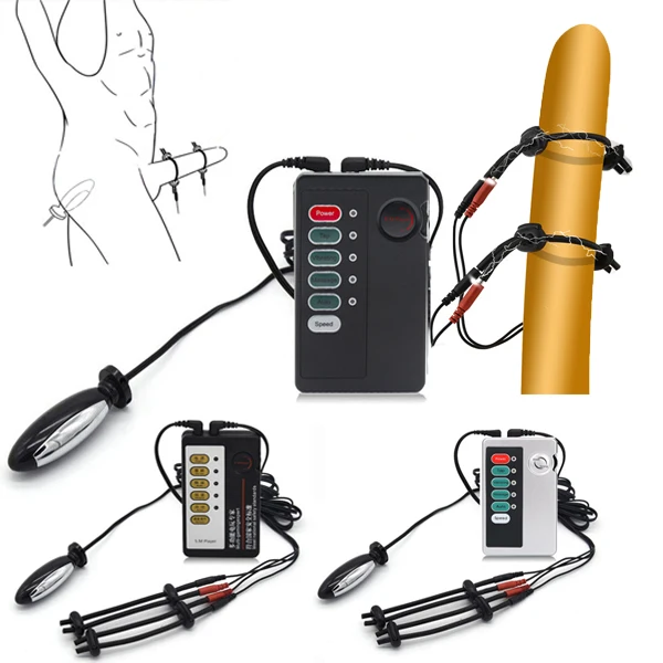 Двойной выход Электрический шок импульсный Анальная пробка кольцо для пениса