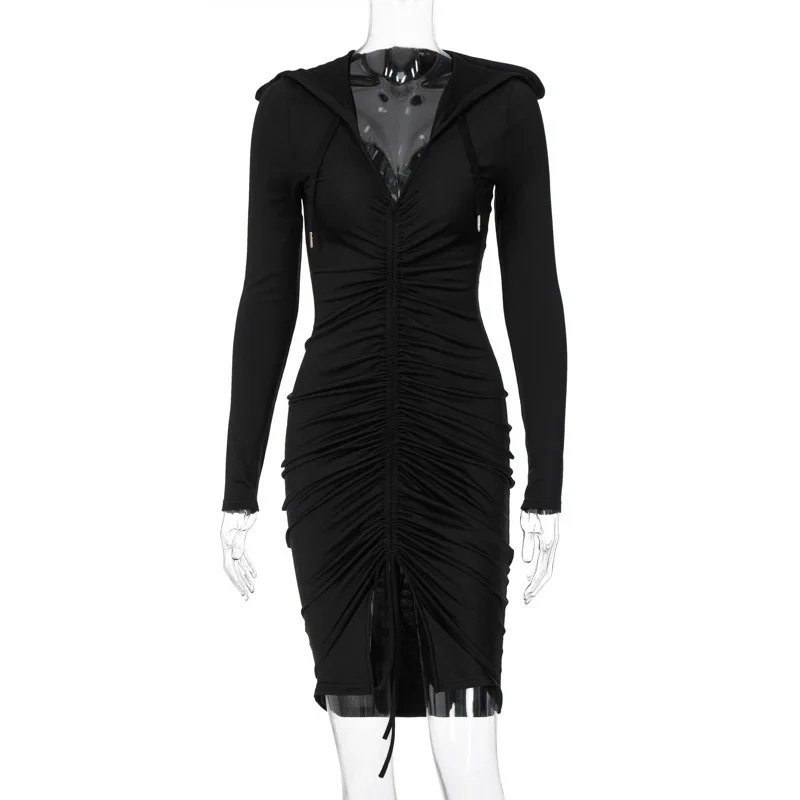 

Elegant Long Sleeve Drawstring Bandage Hooded Dress Women Summer 2021 Vacation Casual Tight Slit Knee Length Bodycon Dresses New
