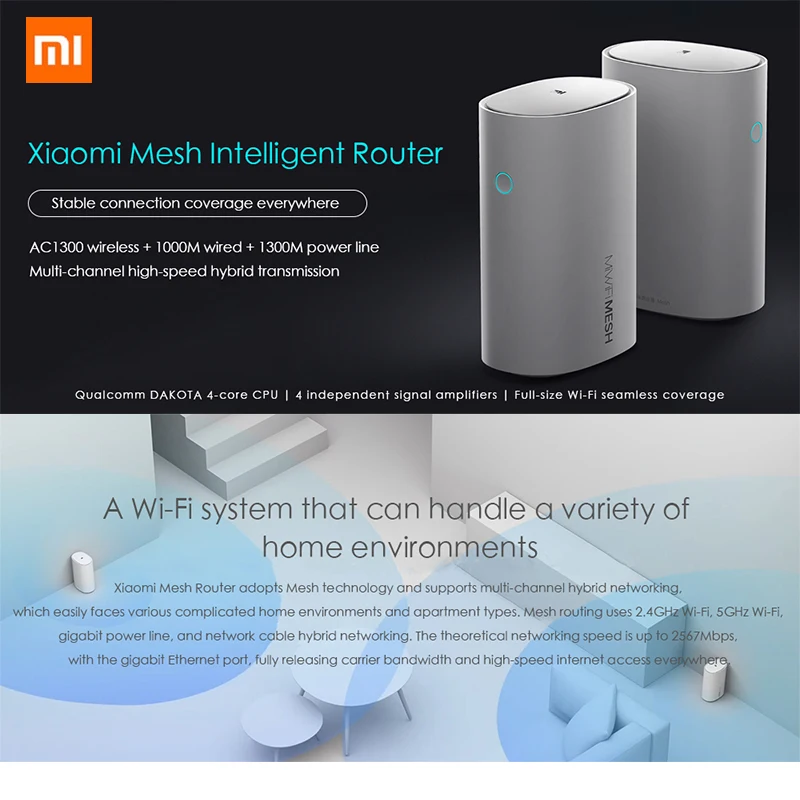 Xiaomi Smart Mesh 2 4 + 5 ГГц WiFi смарт маршрутизатор AC1300 1000 м LAN 1300 линия питания Qualcomm DAKOTA