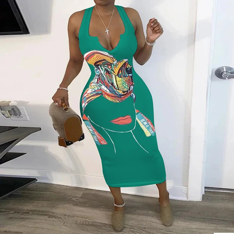 

Women Positioning Cartoon Print V Neck Sleeveless Sexy Dress Maxi Dresses for Women Plus Size Summer Fashion Casual Women Dress