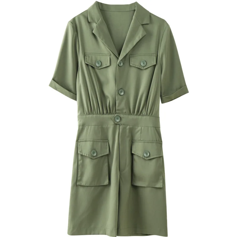 

New summer dress jumpsuits V collar short sleeve shorts large bag take female conjoined tooling