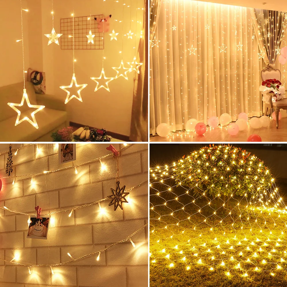 

LED Garland Curtain lights String 220V Fairy Star Christmas Outdoor light For Window Wedding Party Stage Indoor Home Decoration