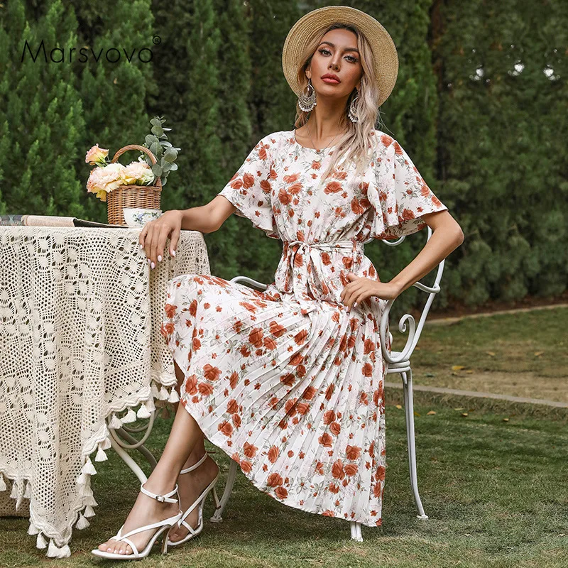 

Dresses for Women Romantic O-neck Bandage Dress Summer Floral Printed Vintage Long Vestidos Ladies Beach Wear Outfits Sundress