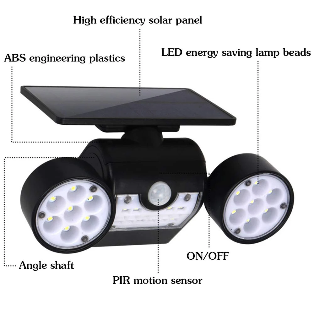 30LED Солнечный свет PIR датчик движения с двойной головкой садовая настенная лампа-бра с питанием от солнечной панели Водонепроницаемый Открытый регулируемый угол прожектора