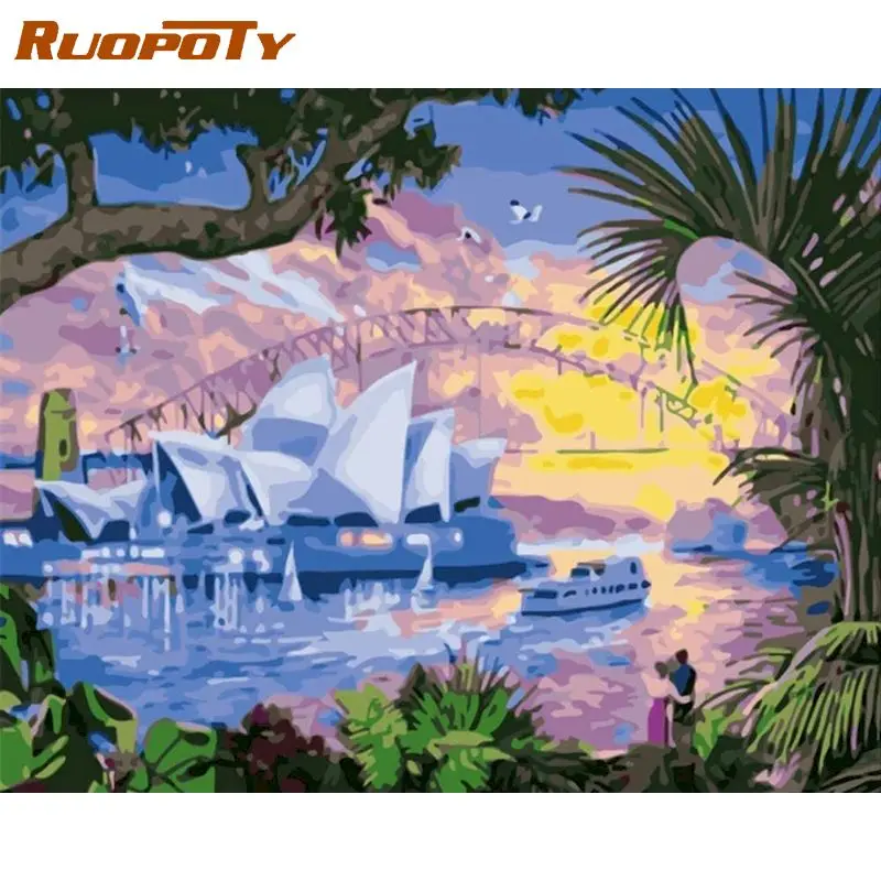 

RUOPOTY Diy Acrylic Painting By Numbers Sydney Landscape Frame Handpainted Drawing by number Modern Wall Decor
