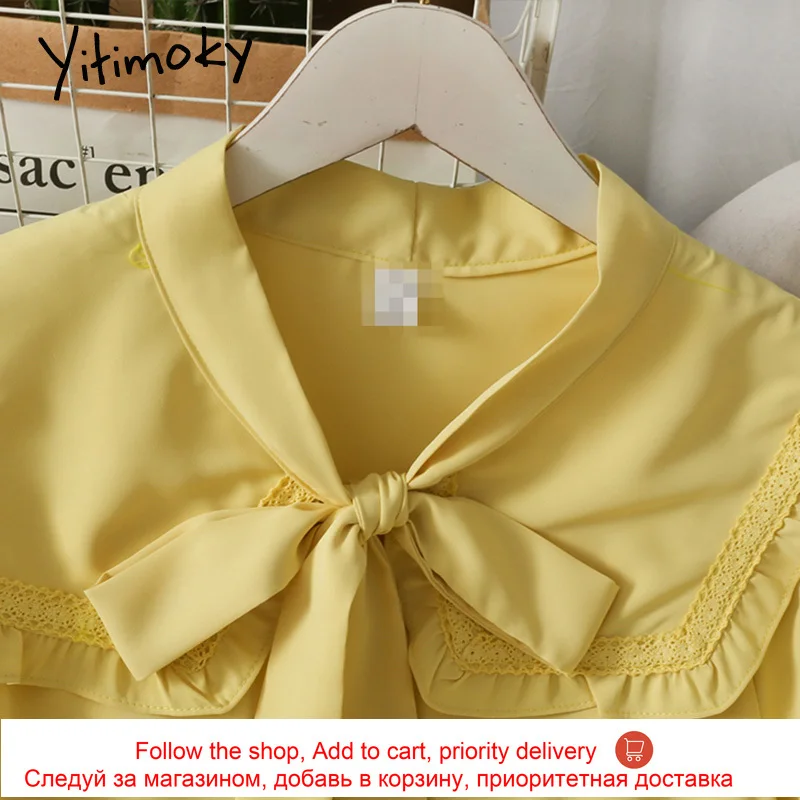 

Yitimoky Women Blouses Bow Lace Up Edible Tree Fungus Peter Pan Collar Shirts Spring 2021 new Long Sleeve Clothes Button Up Top