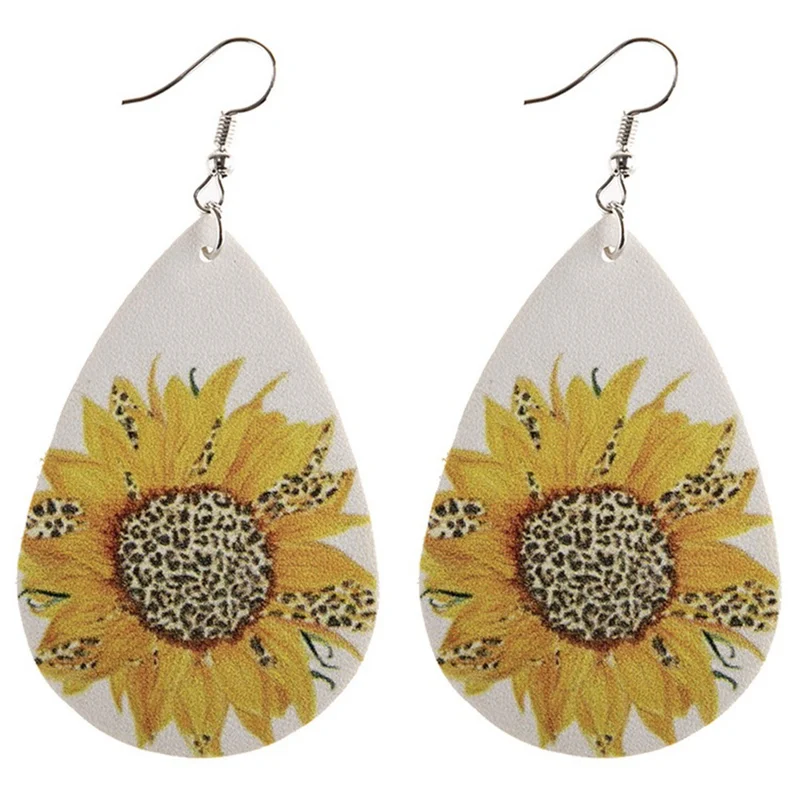 

Leopard Print Sunflower Water Drop Leather Big Earrings For Women Earrings Jewelry Accessories 2021 Boho Style Gift For Female