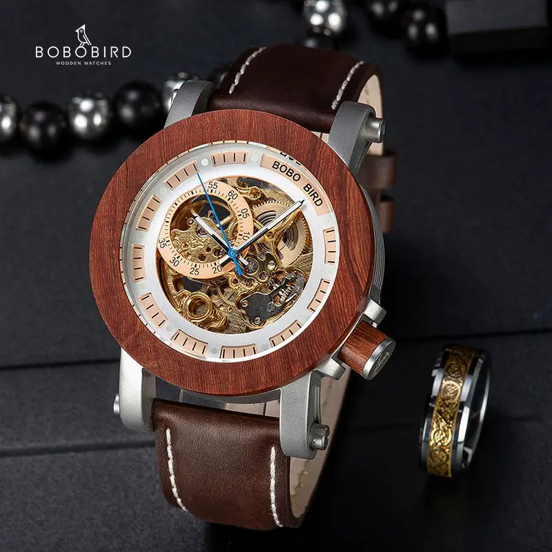 BOBO BIRD Wood Watch Men's Mechanical Watch Genuine Leather Strap Automatic Wristwatch relogio masculino 2021 Christmas Gift