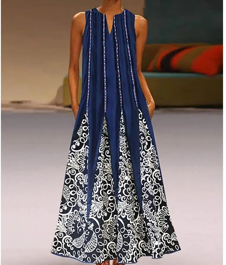 

Sundress Women Summer Dress 2021 Printing Sexy Dress Midi Plus Size Casual Linen Loose Sleeveless printed Long Maxi Dress