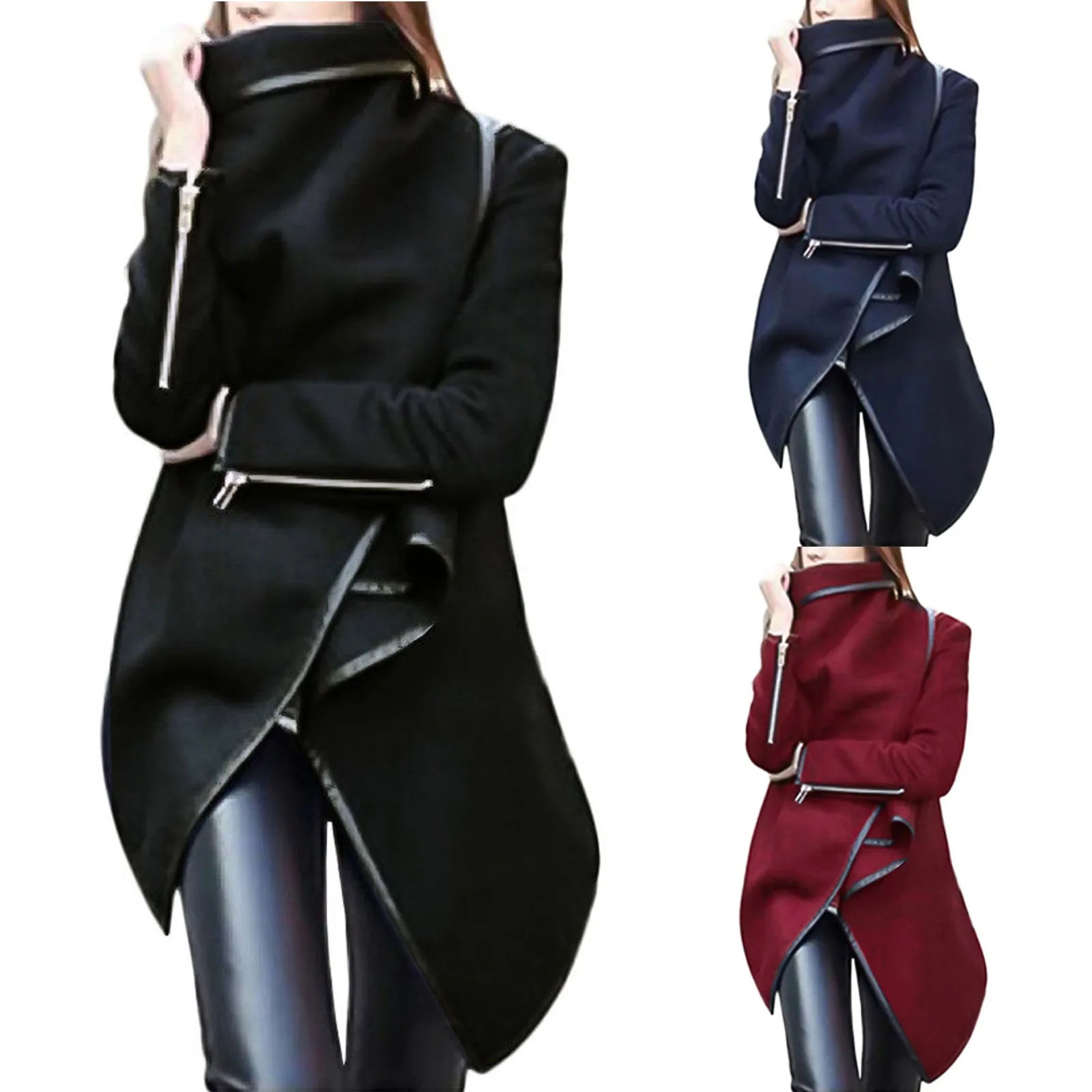 

Женская Асимметричная куртка на молнии, пальто, модное Теплое повседневное ветрозащитное пальто с длинным рукавом, шерстяная куртка, ветро...