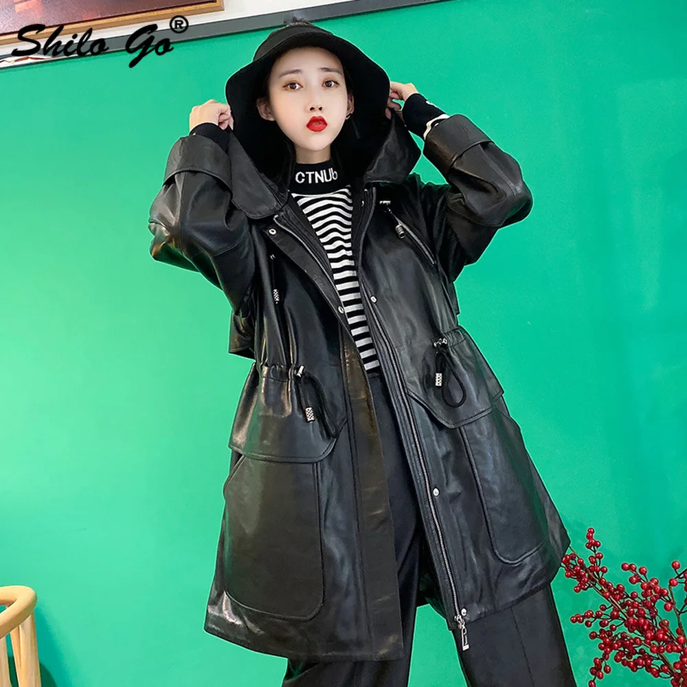 

Safari Style Drawstring Waist Pockets Detail Drop Shoulder A Line Coat Women Solid Casual Sheepskin Genuine Leather Outwear