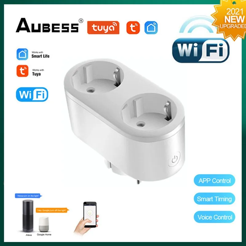 

TUYA 16A 2 In 1 Smart Outlet WiFi Dual Plug EU Socket Vioce Smart Life/TUYA APP Remote Control Works With Alexa Google Assistant