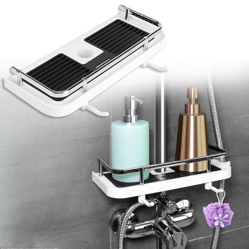 

Shower Storage Rack Punch-free Bathroom Pole Shelves Shampoo Stand Tray Detachable Lifting Shower Shelf Home Accessories