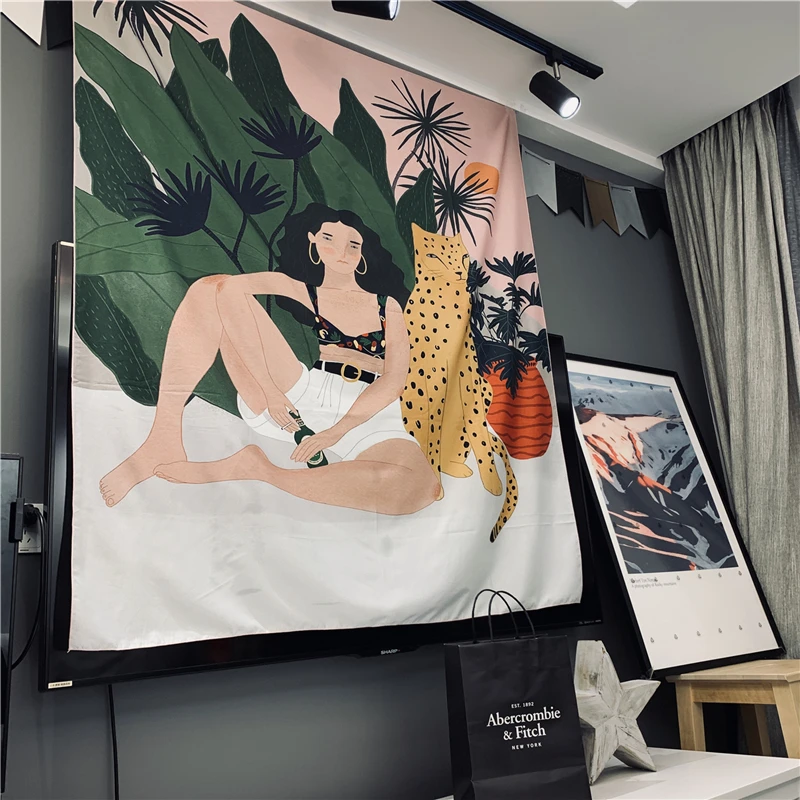 

Nordic Sunset Wall Tapestry Palm Tree Beer Girl Leopard Hanging Wall Carpet Room Decor Home Gobelin Tapiz Blanket Beach Yoga Mat