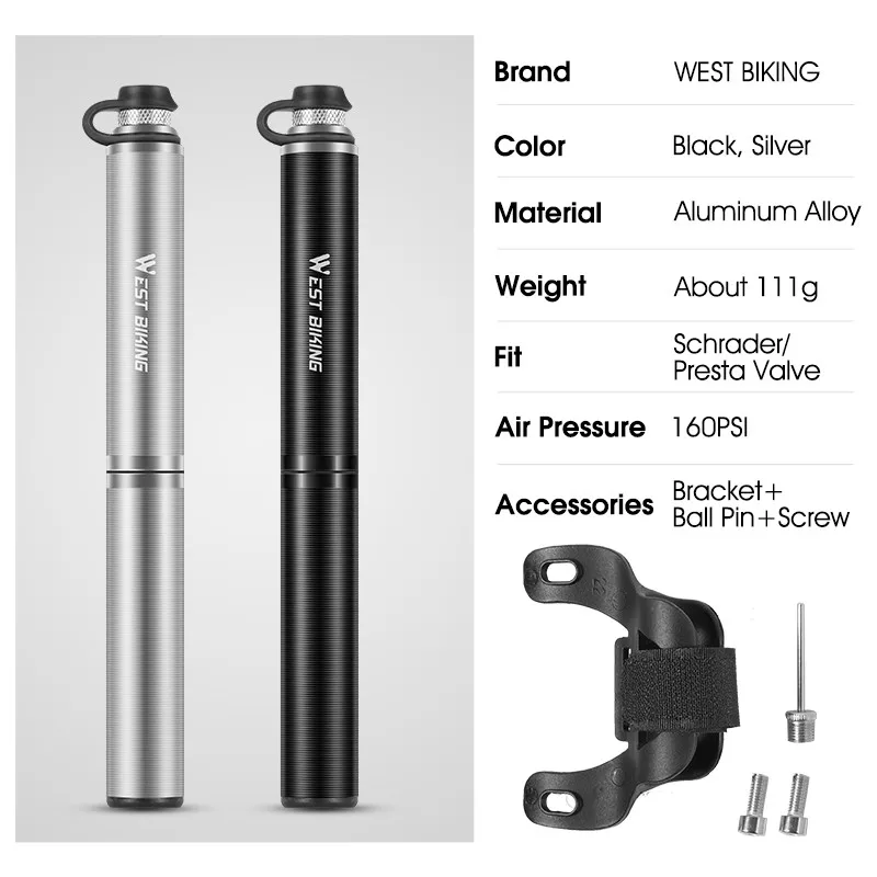

WEST BIKING Bike Pump Set Portable US/FR 160PSI High Pressure Aluminum Alloy Inflator Bike Air Pump for MTB Road Bicycle