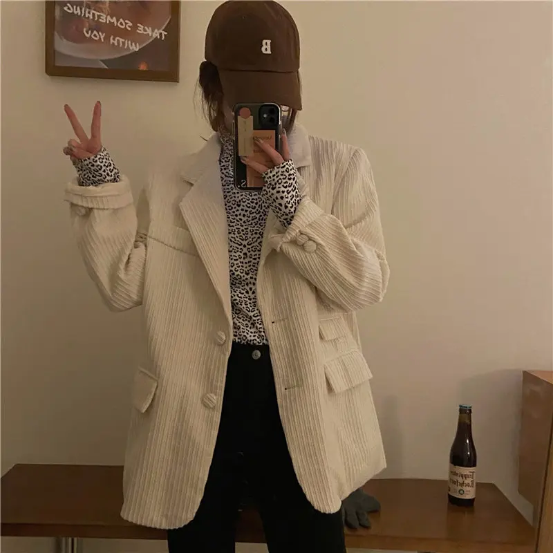 

HziriP Beige Corduroy Solid Tops Office Lady Brief High Quality Leisure Blazers 2021 Chic Stylish Women Free New Selling Coats