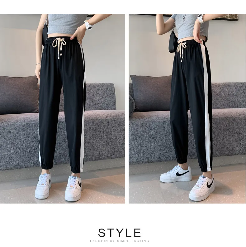 

Брюки женские с эластичным поясом, шелковые спортивные штаны, свободные тонкие брюки контрастных цветов