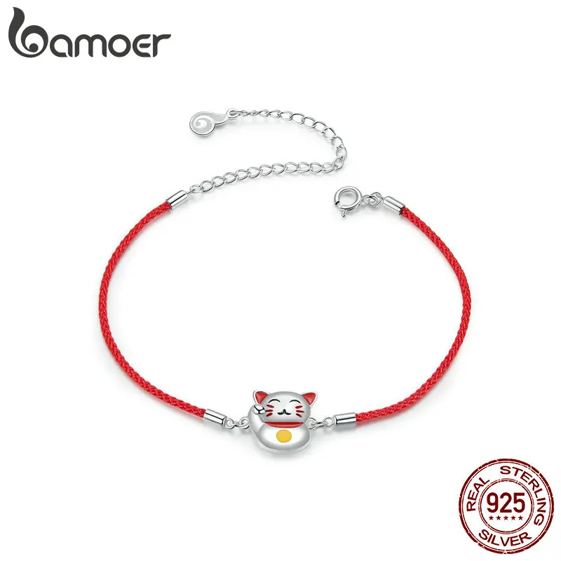 Браслет bamoer Lucky Cat для девочек, регулируемый браслет с Красной веревкой, браслеты с 925 пробы, серебряные ювелирные изделия BSB012