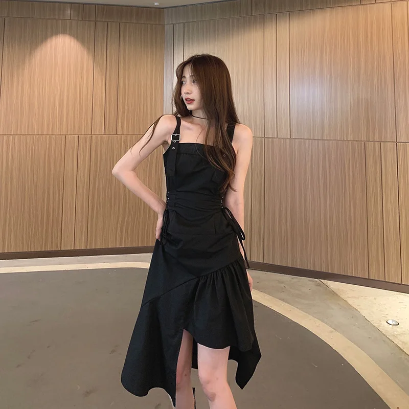 

Strap Dress Summer Women Chic Casual Backless Black High Waist Midi Dress Asymmetrical Patchwork Solid 2021 Spring Ruffle Dress