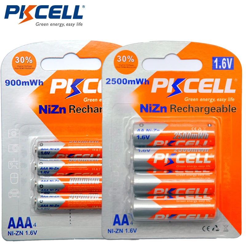 

PKCELL 4Pc/card AA Battery 1.6V 2500mWh AA Rechargeable Batteries+4Pcs/card 900mwh AAA Batteries NI-ZN AAA Rechargeable Battery