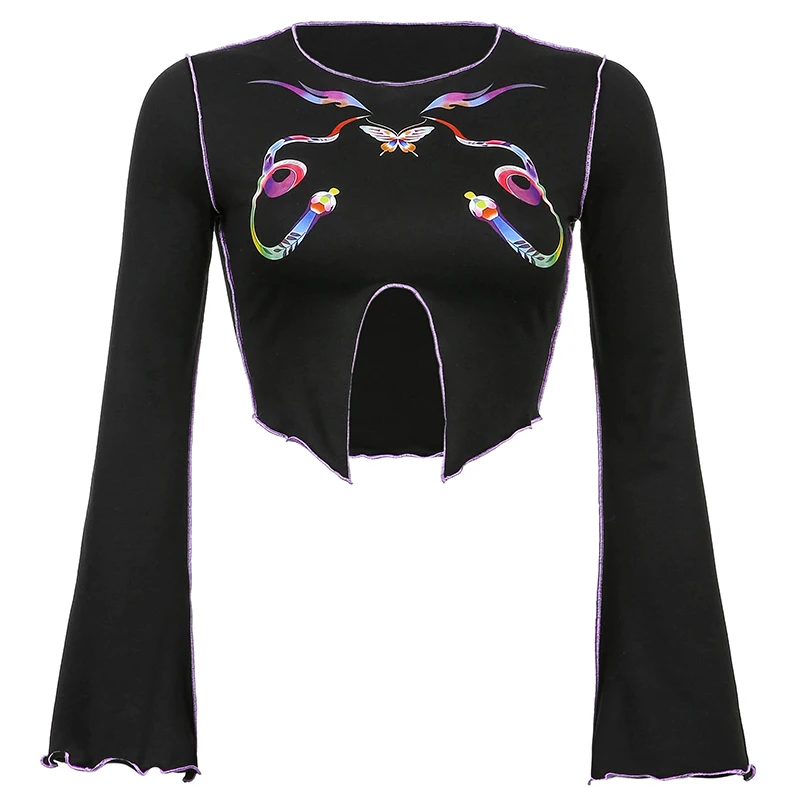 

Retro Y2K Top Aesthetic 90s T-shirt Ladies Round Neck Harajuku Print Trumpet Sleeve Top Irregular Hem Butterfly Fungus Short Top