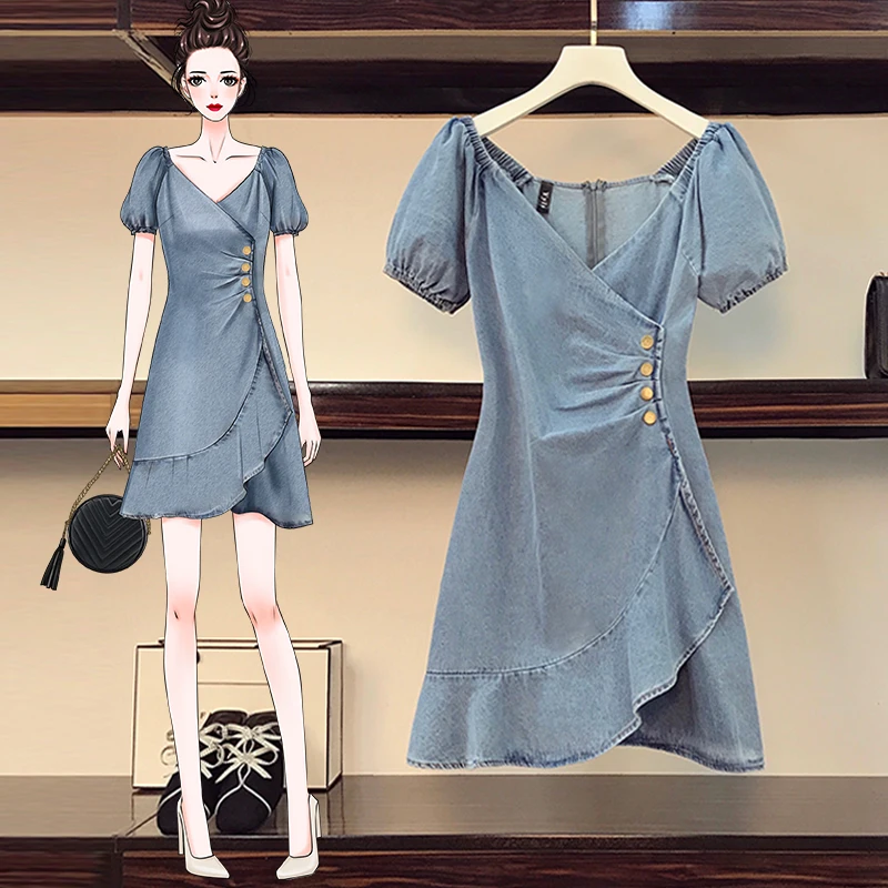 

Large size women's clothing 2021 summer new style slightly fat sister show thin age reduction fashion belly covering denim dress