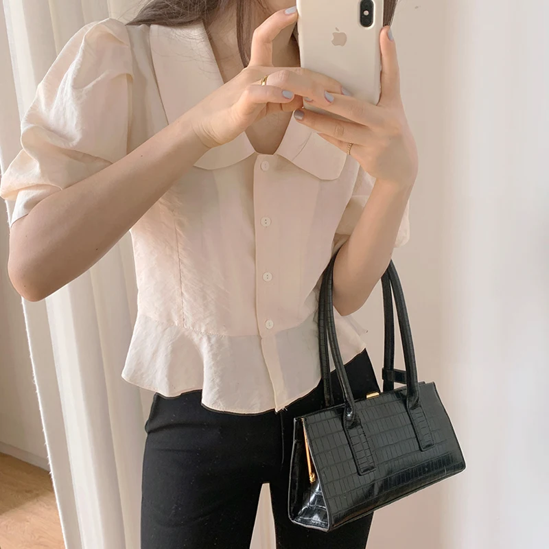 

Women 2021 Spring Sexy Vintage Tops New Elegant Solid Halter Blouses Casual Turn-down Collar Shirts Puff Sleeve Top Mujer