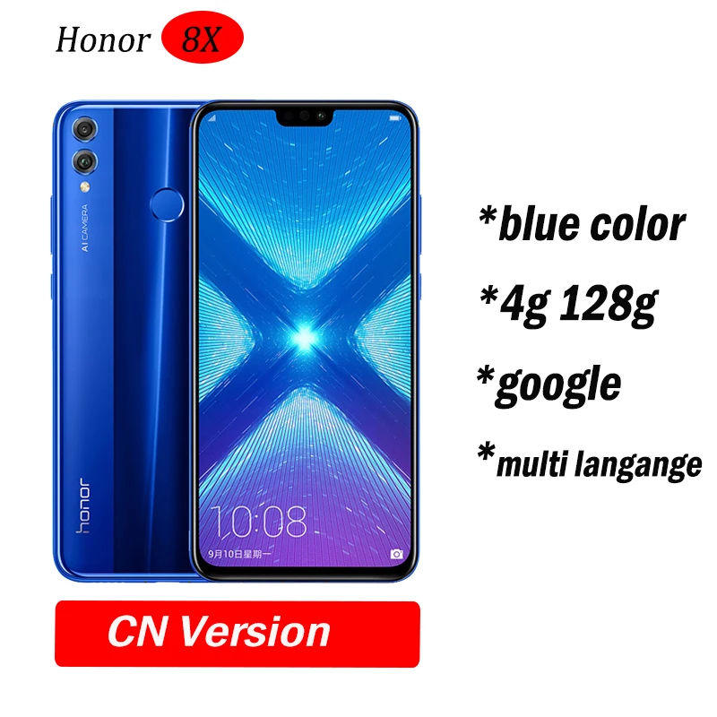 Глобальный Встроенная память Huawe Honor 8X6,5 ''полный экран ОТА обновление смартфон не 8x max мобильного телефона Android 8,1 Восьмиядерный отпечаток пальца ID - Цвет: 4g128 Blue