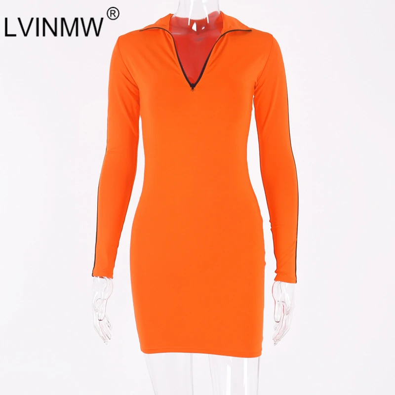 LVINMW Повседневное платье с отложным воротником на молнии длинным рукавом в