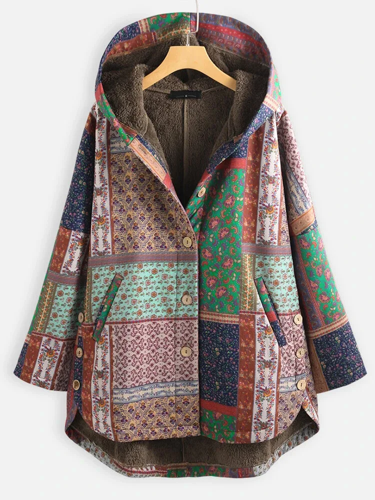 

Parkas Retro Boho Cotton Jacket Casual Ethnic Print Fleece Hooded Warm Coat Women Outwear Loose Oversize M-5XL Winter Clothes