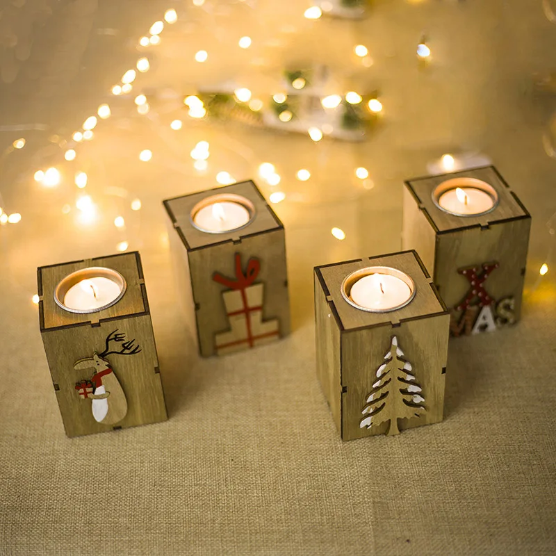 

Xmas 2019 New Year Christmas Party Decoration Accessories Christmas items Mini Wooden Candlestick Candle Light Ornament for Home